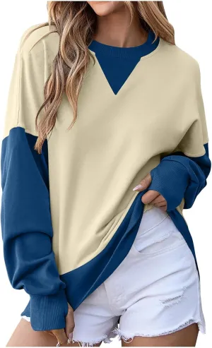 Oversized Sweatshirt for Women Fall Crewneck Splicing Color Tops Long Sleeve Fashion Soft Pullover Sweaters Clothes