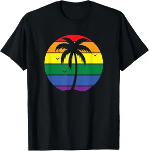 Pacific Ocean Beach Palm Tree Retro Vintage LGBT Sunset T-Shirt