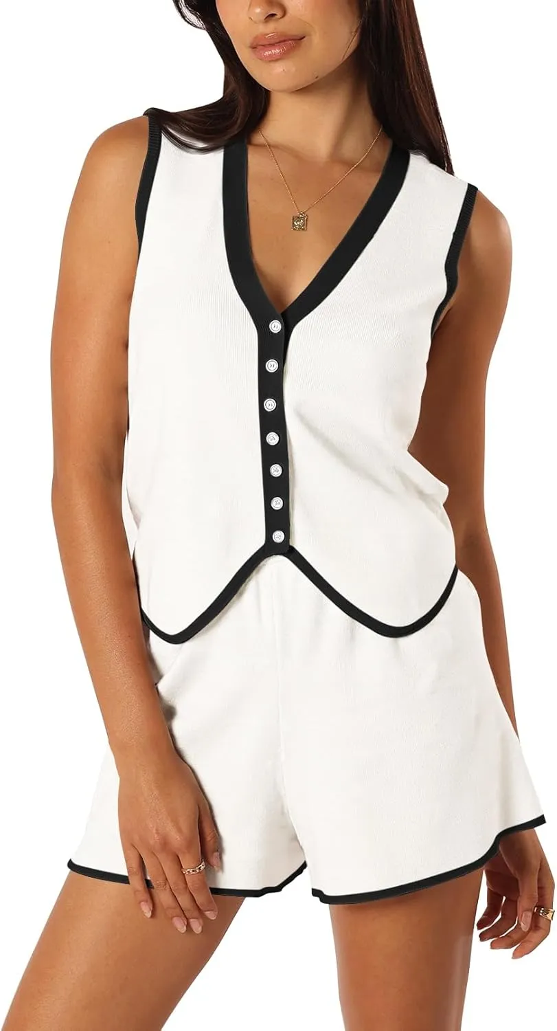 Pink Queen Vest Sets Women 2 Piece Outfits 2025 Summer Casual Knit Loungewear Sleeveless Button Down Top Matching Shorts Set