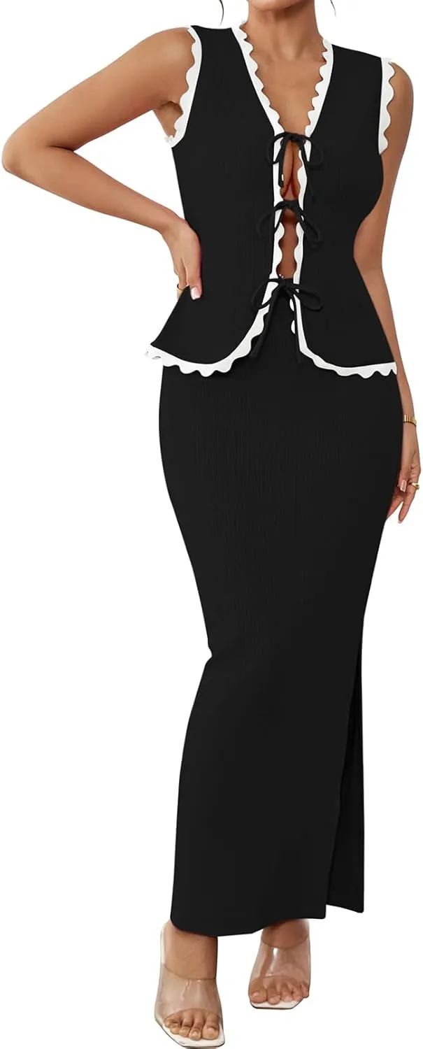 Pink Queen Women's 2 Piece Outfits Sleeveless V-Neck Crop Top High Waisted Bodycon Maxi Skirt Set with Side Slit