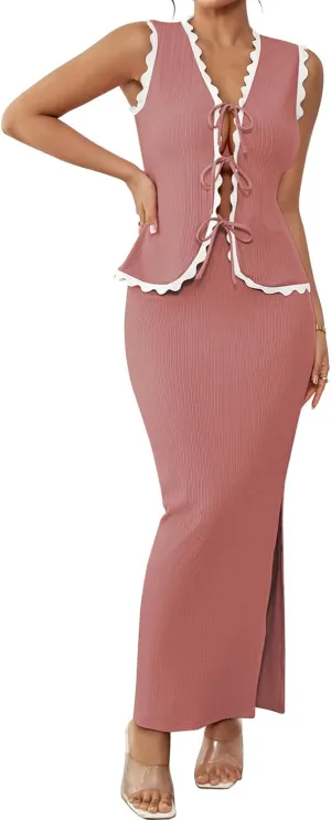 Pink Queen Women's 2 Piece Outfits Sleeveless V-Neck Crop Top High Waisted Bodycon Maxi Skirt Set with Side Slit