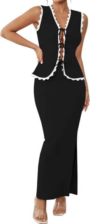 Pink Queen Women's 2 Piece Outfits Sleeveless V-Neck Crop Top High Waisted Bodycon Maxi Skirt Set with Side Slit