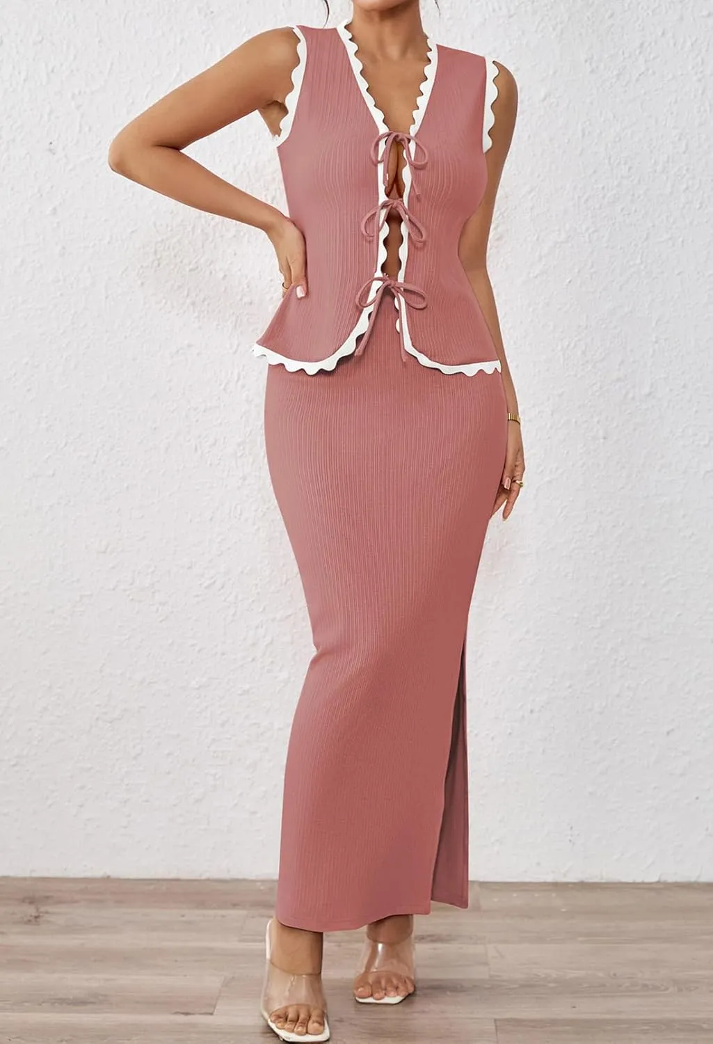 Pink Queen Women's 2 Piece Outfits Sleeveless V-Neck Crop Top High Waisted Bodycon Maxi Skirt Set with Side Slit
