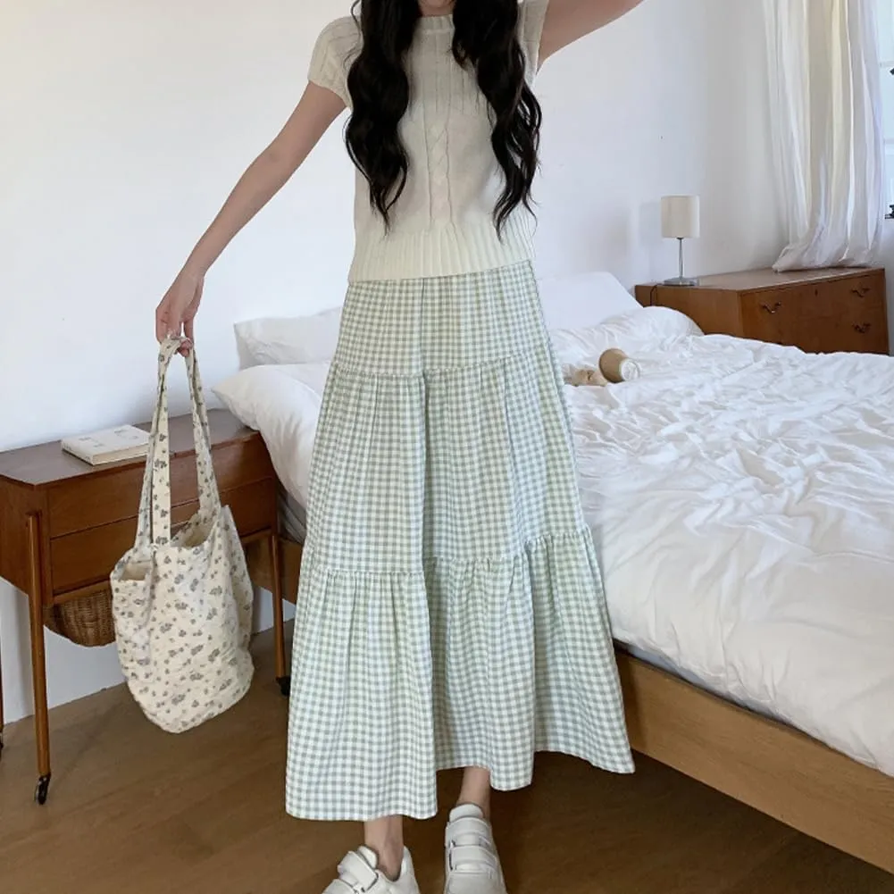 Plaid A-Line Maxi Skirt for Women Casual Elastic Waist Long Skirts