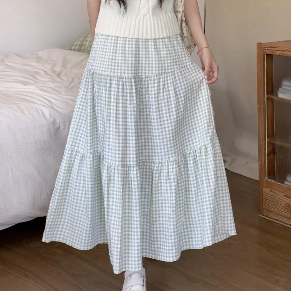 Plaid A-Line Maxi Skirt for Women Casual Elastic Waist Long Skirts