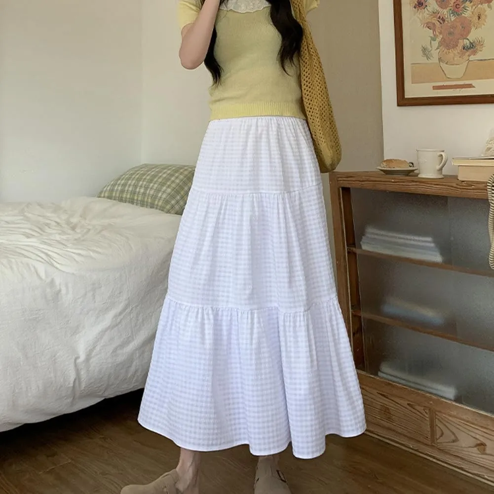Plaid A-Line Maxi Skirt for Women Casual Elastic Waist Long Skirts