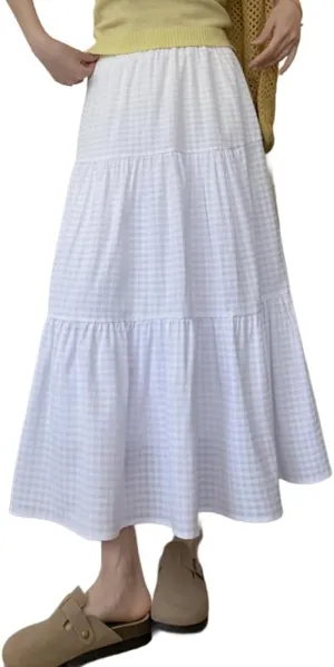 Plaid A-Line Maxi Skirt for Women Casual Elastic Waist Long Skirts