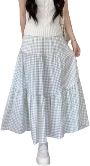 Plaid A-Line Maxi Skirt for Women Casual Elastic Waist Long Skirts