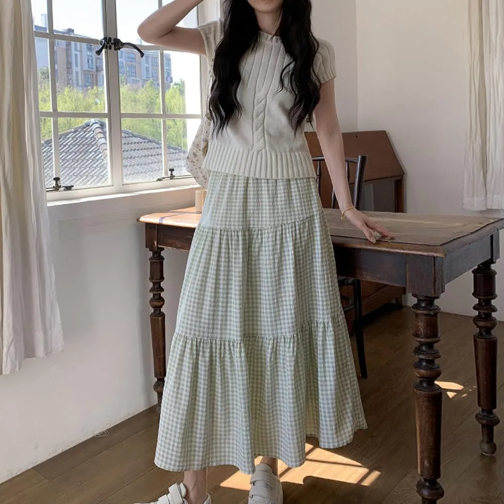 Plaid A-Line Maxi Skirt for Women Casual Elastic Waist Long Skirts