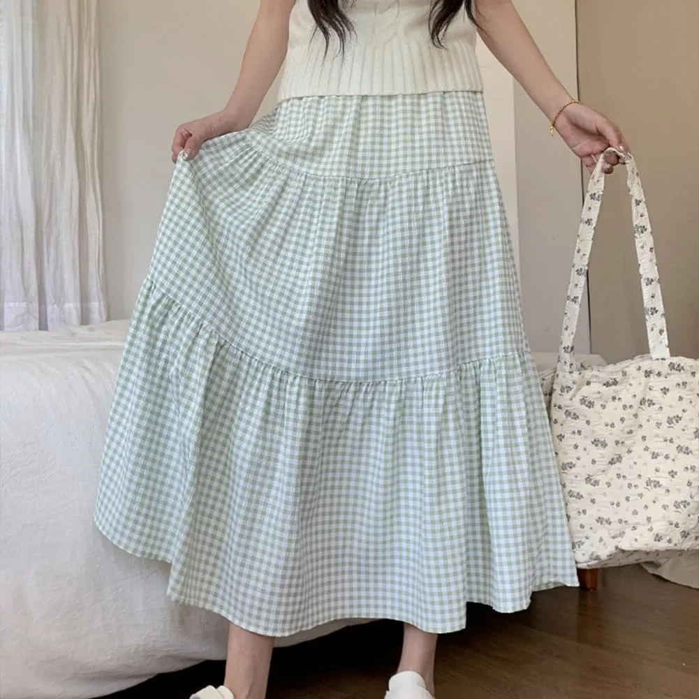 Plaid A-Line Maxi Skirt for Women Casual Elastic Waist Long Skirts
