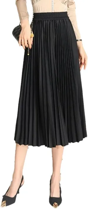 Pleated Skirts Women Spring Summer Casual Elastic High Waist Midi Long Skirts Fashion Ladies Party Work Skirts