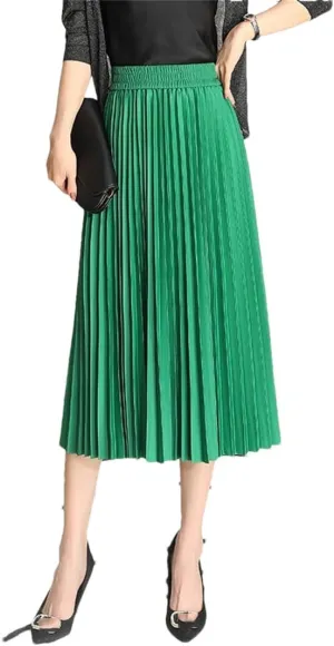 Pleated Skirts Women Spring Summer Casual Elastic High Waist Midi Long Skirts Fashion Ladies Party Work Skirts
