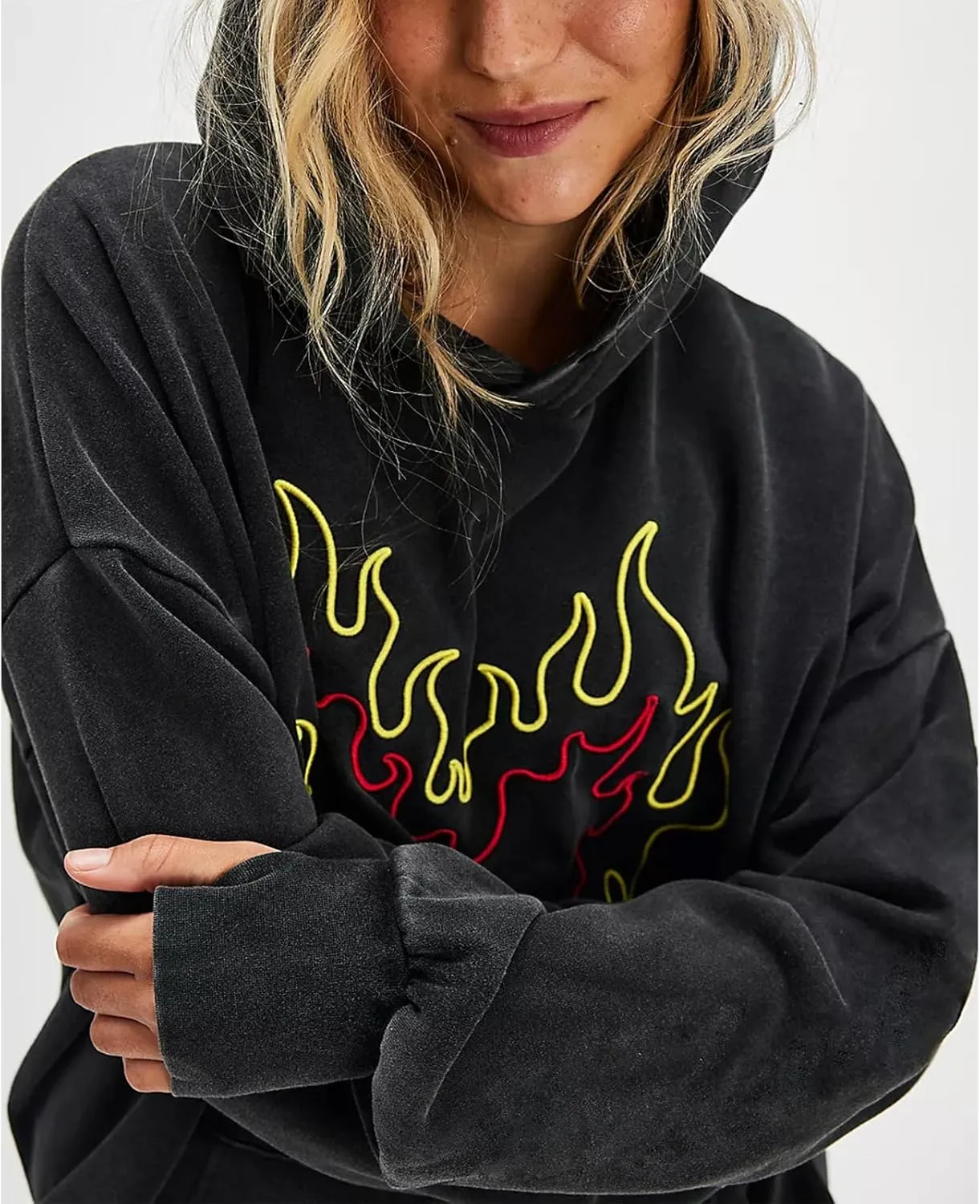 Preppy Embroidered Flower Hoodies for Teen Girl Women Y2K Back Graphic Printed Oversized Pullover Hooded Sweatshirts