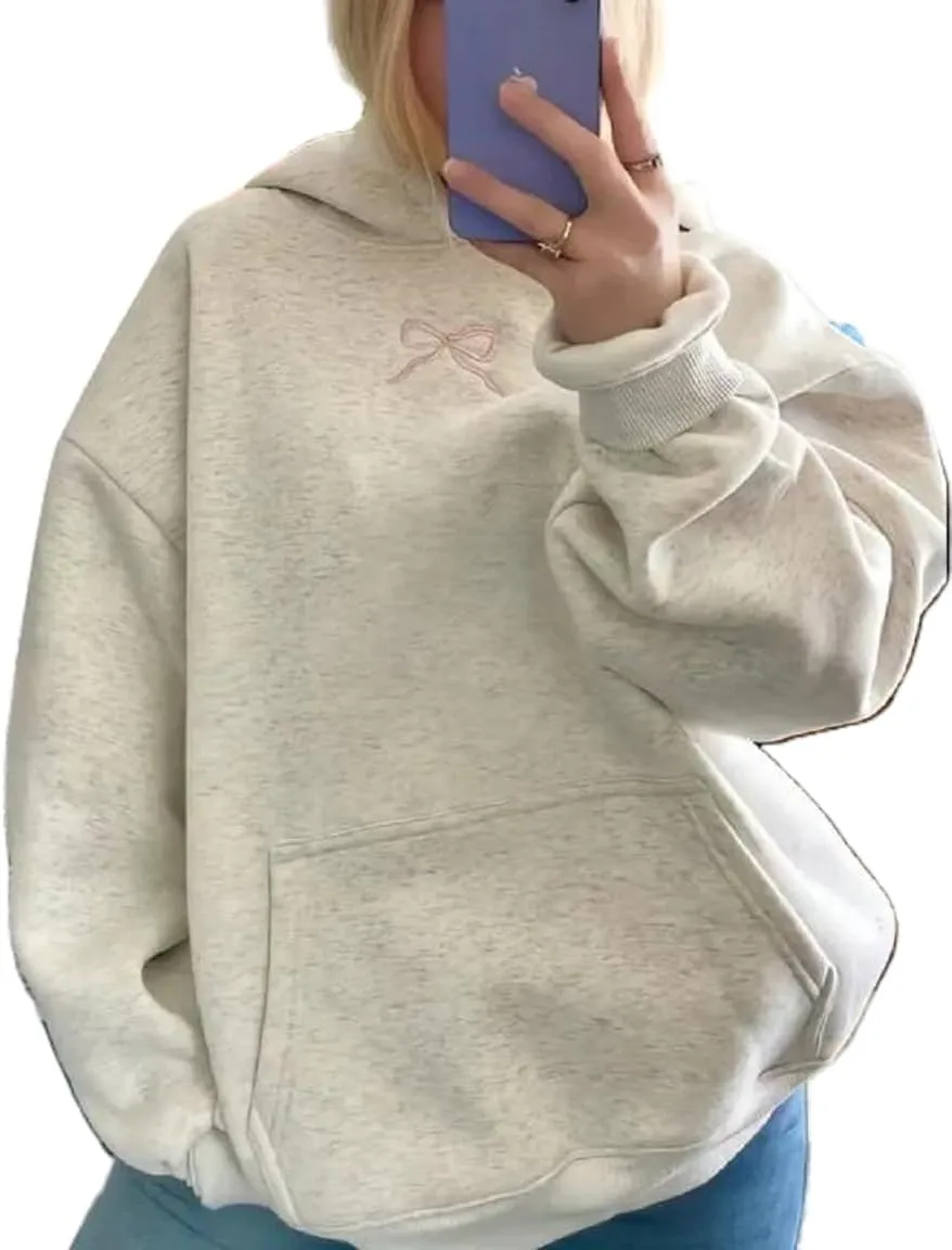 Preppy Embroidery Butterfly Letter Hoodies for Teen Girls Cute Y2k Oversized Graphic Pullover Sweatshirt Top
