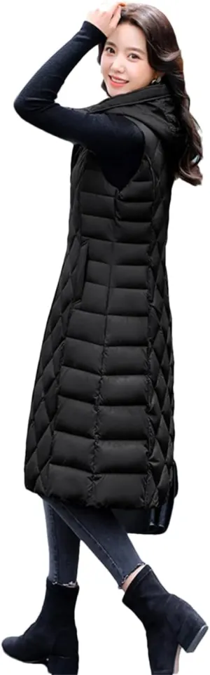 Rfmfkkg Women Long Solid Loose Vest Hooded Female Zipper Jacket Cotton Padded Warm Waistcoat