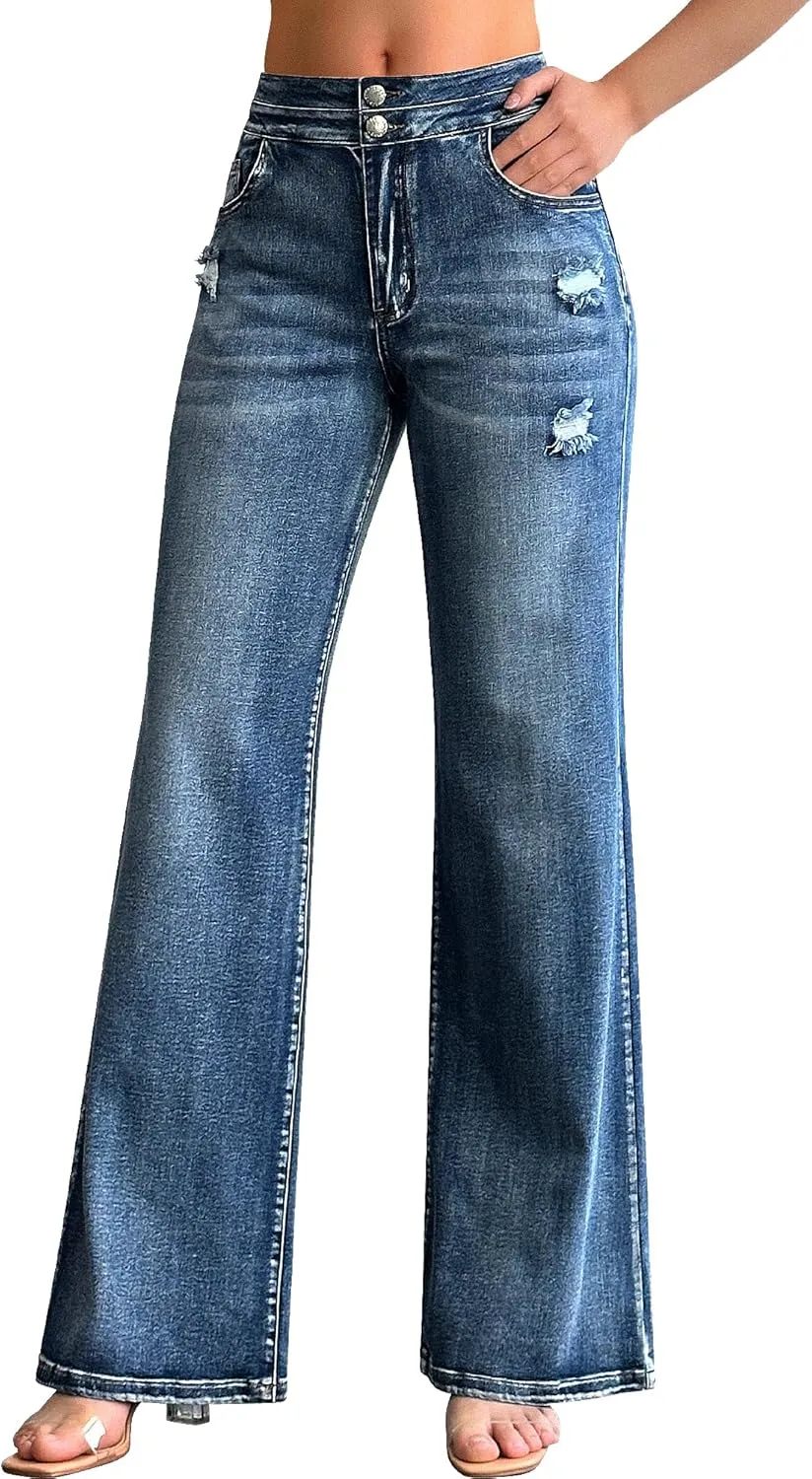 roswear Womens Casual Distressed High Waisted Denim Pants Stretch Baggy Loose Wide Leg Jeans