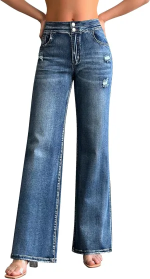 roswear Womens Casual Distressed High Waisted Denim Pants Stretch Baggy Loose Wide Leg Jeans