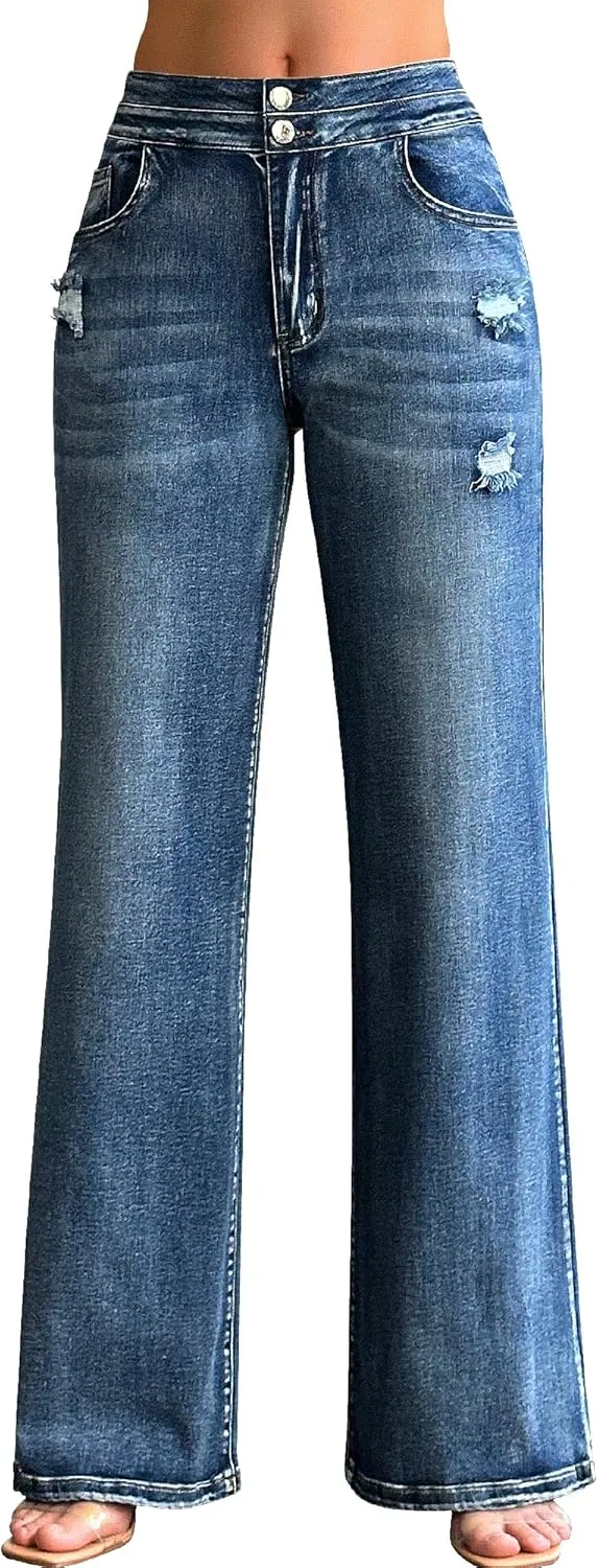 roswear Womens Casual Distressed High Waisted Denim Pants Stretch Baggy Loose Wide Leg Jeans