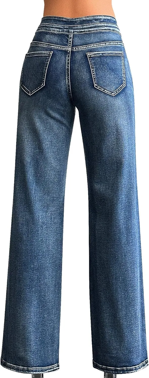 roswear Womens Casual Distressed High Waisted Denim Pants Stretch Baggy Loose Wide Leg Jeans