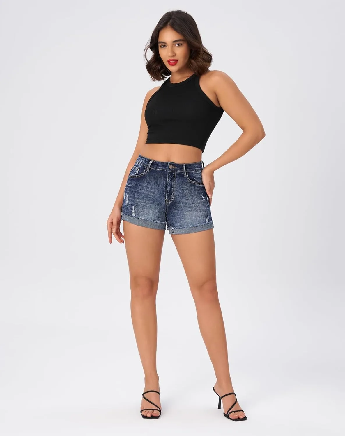 roswear Womens Mid Rise Stretchy Ripped Cuffed Denim Jean Shorts