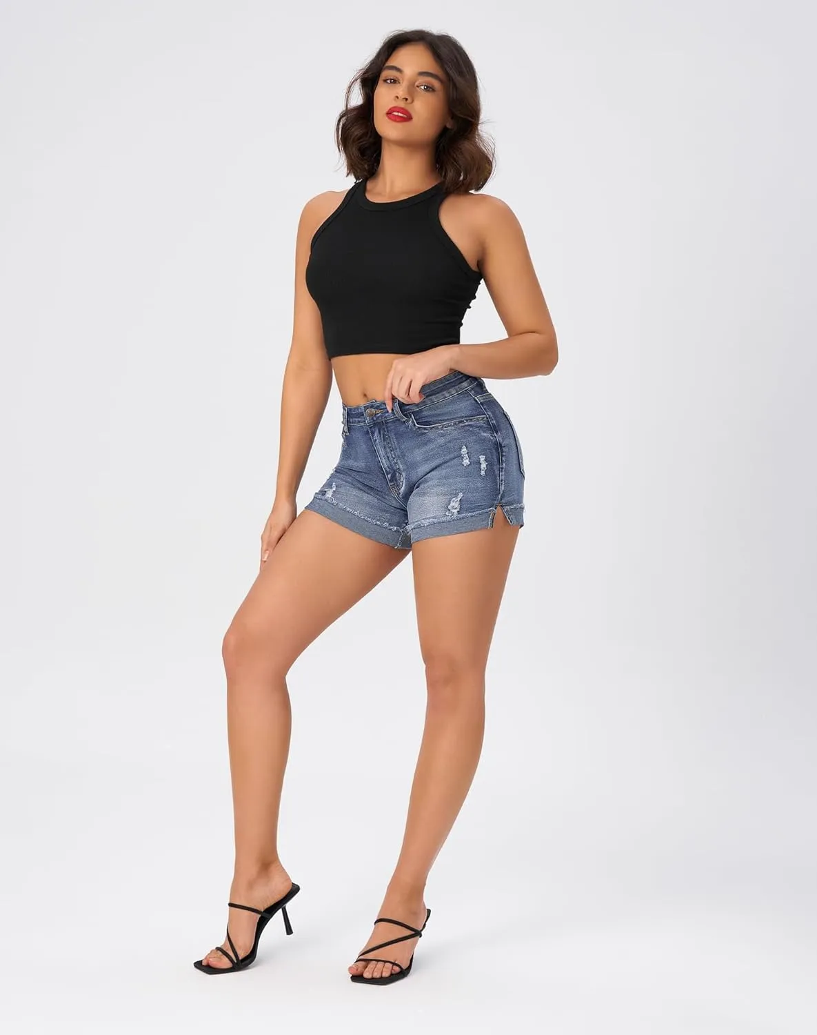 roswear Womens Mid Rise Stretchy Ripped Cuffed Denim Jean Shorts