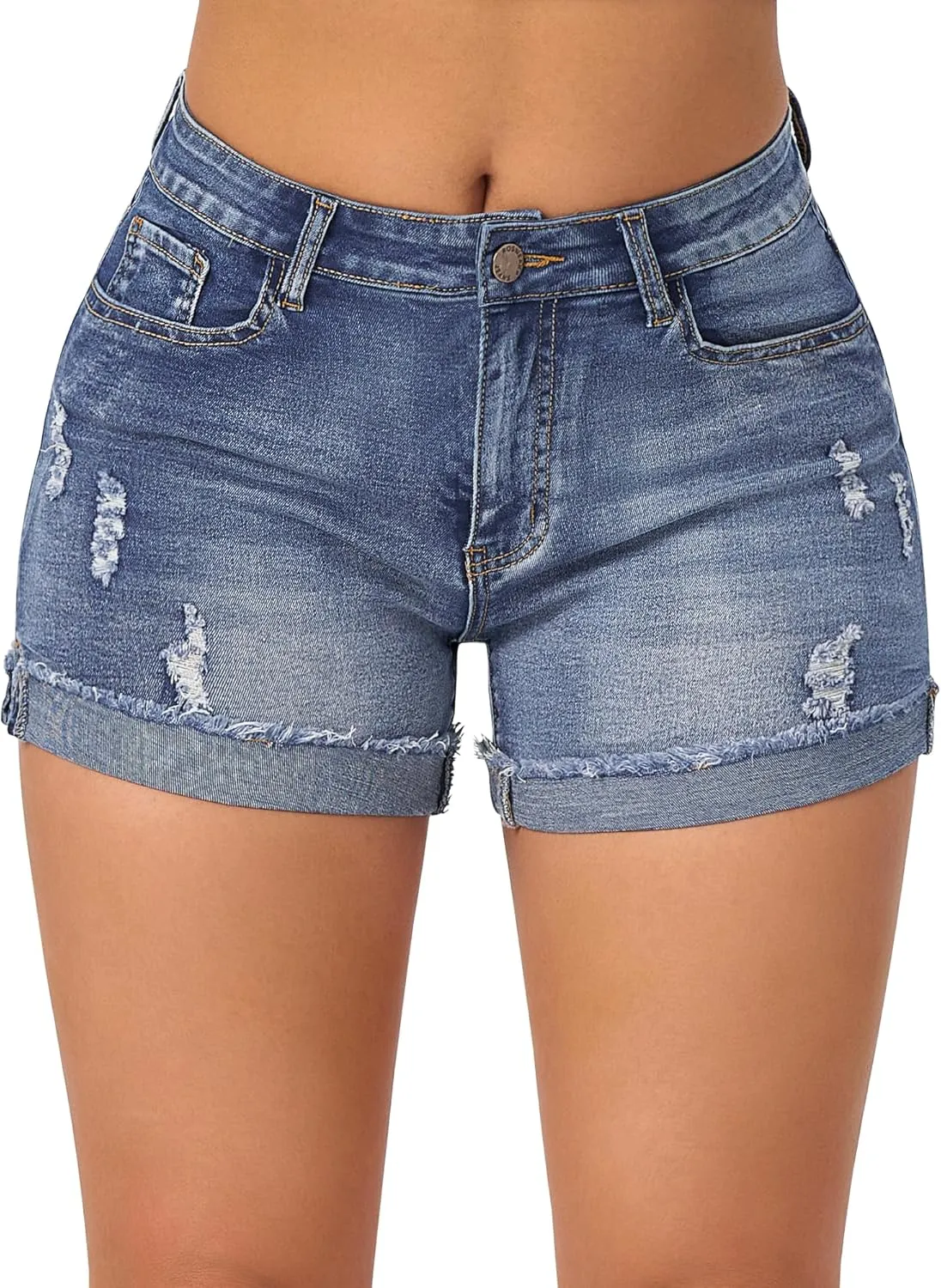 roswear Womens Mid Rise Stretchy Ripped Cuffed Denim Jean Shorts