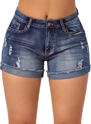 roswear Womens Mid Rise Stretchy Ripped Cuffed Denim Jean Shorts