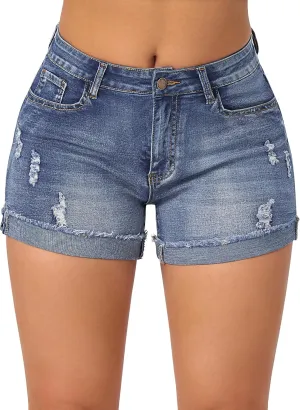 roswear Womens Mid Rise Stretchy Ripped Cuffed Denim Jean Shorts