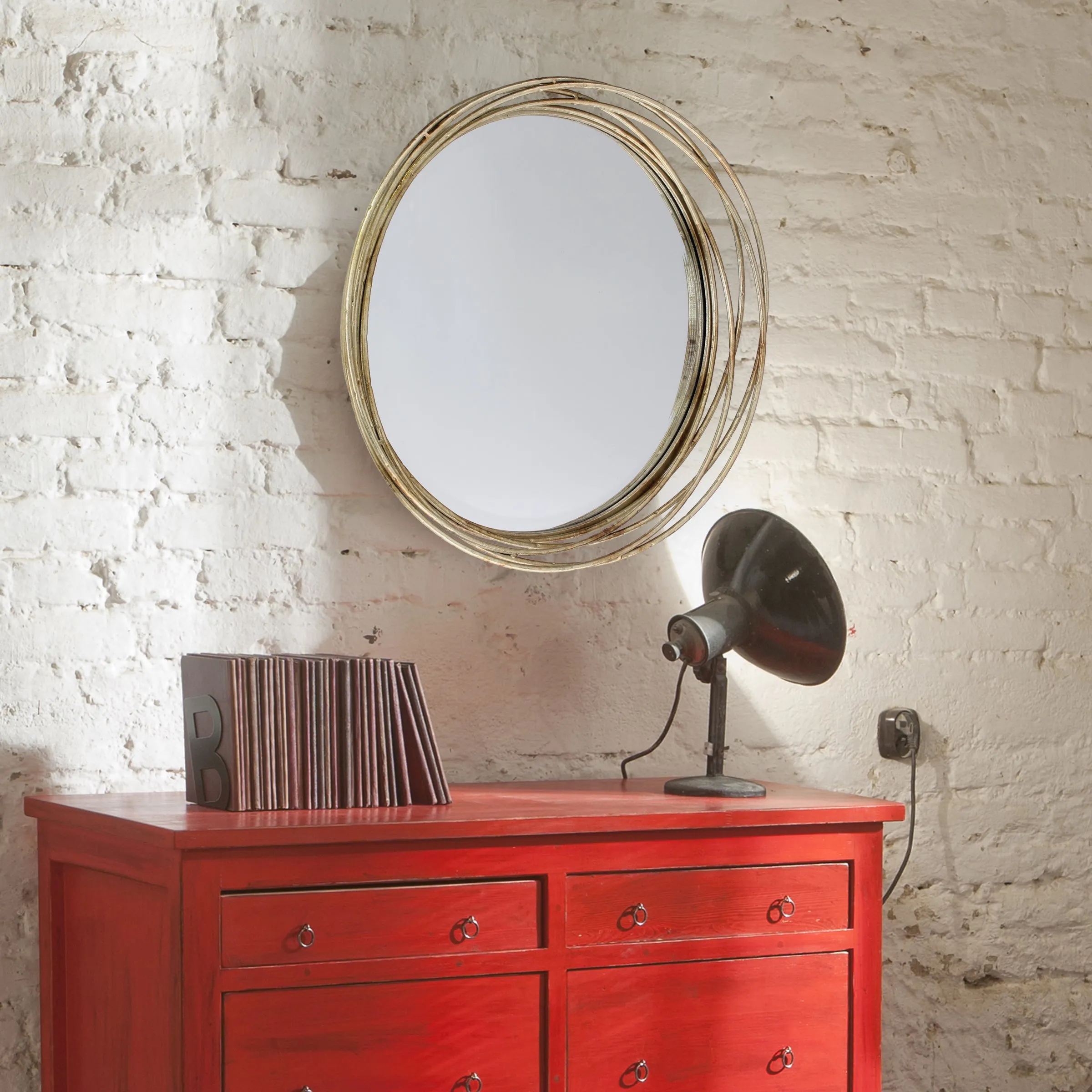 Round Decorative Gold 17" Metal Banded Hanging Wall Mirror (WS)