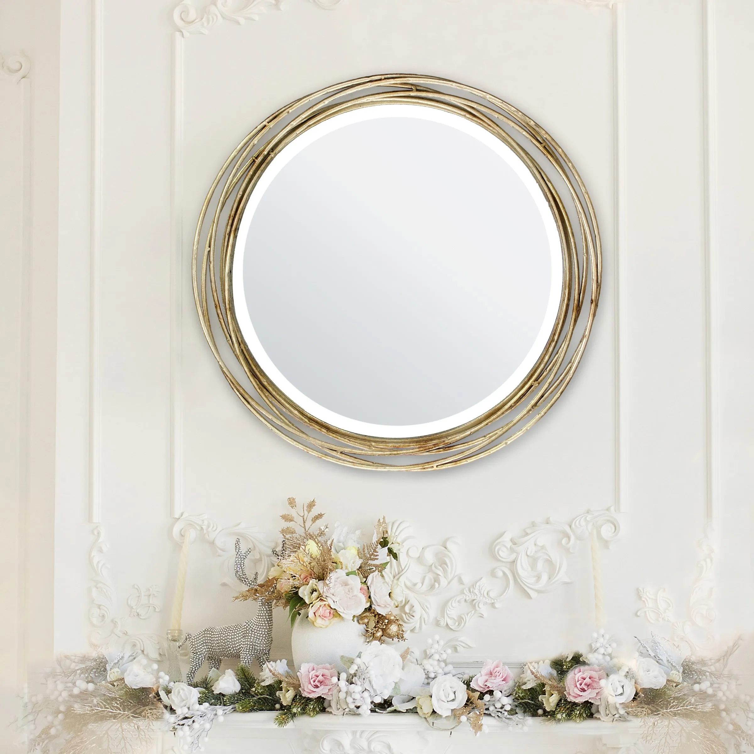 Round Decorative Gold 17" Metal Banded Hanging Wall Mirror (WS)