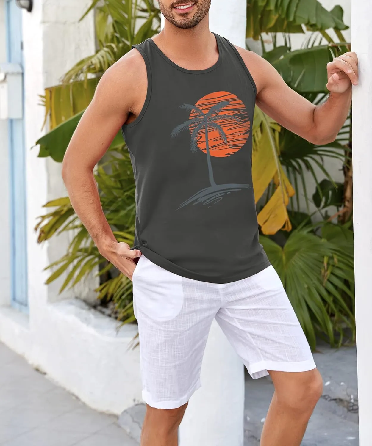 Runcati Mens Workout Tank Tops Gym Sleeveless Shirts Palm Tree Vintage Style T-Shirt