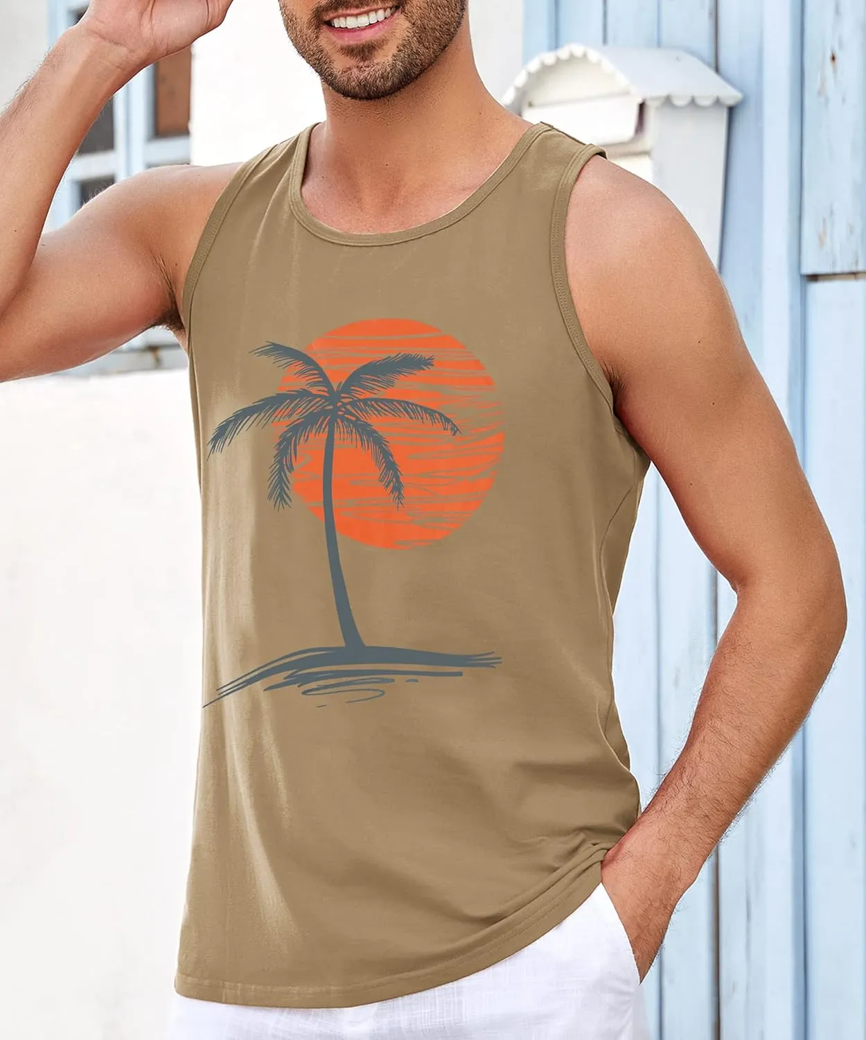 Runcati Mens Workout Tank Tops Gym Sleeveless Shirts Palm Tree Vintage Style T-Shirt