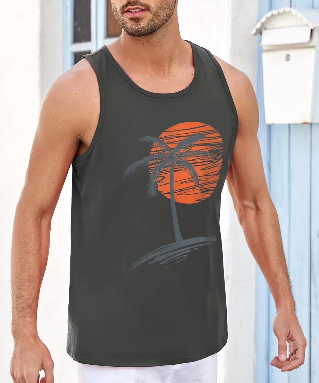 Runcati Mens Workout Tank Tops Gym Sleeveless Shirts Palm Tree Vintage Style T-Shirt