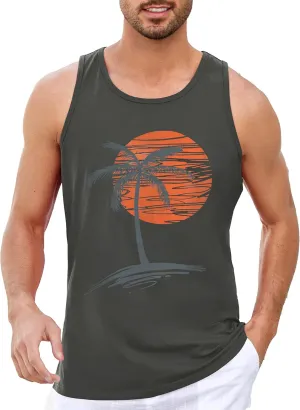 Runcati Mens Workout Tank Tops Gym Sleeveless Shirts Palm Tree Vintage Style T-Shirt