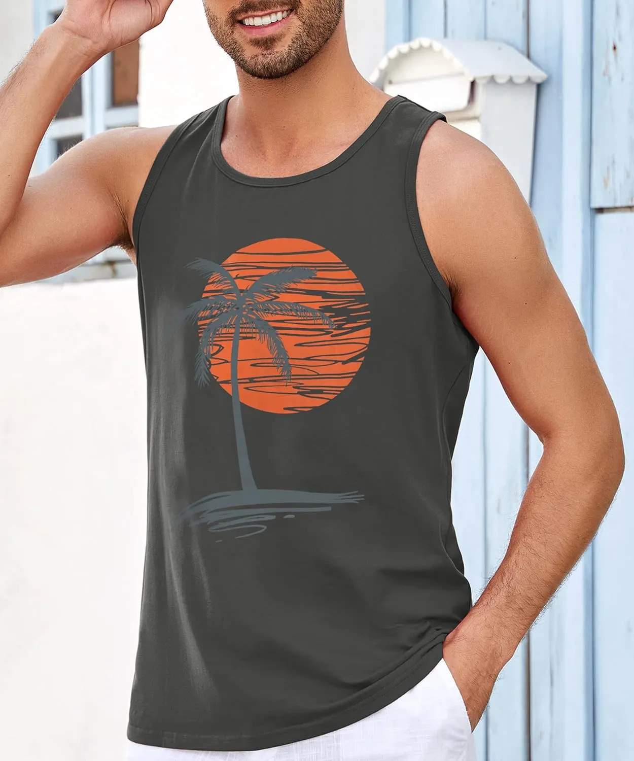 Runcati Mens Workout Tank Tops Gym Sleeveless Shirts Palm Tree Vintage Style T-Shirt