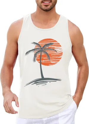 Runcati Mens Workout Tank Tops Gym Sleeveless Shirts Palm Tree Vintage Style T-Shirt