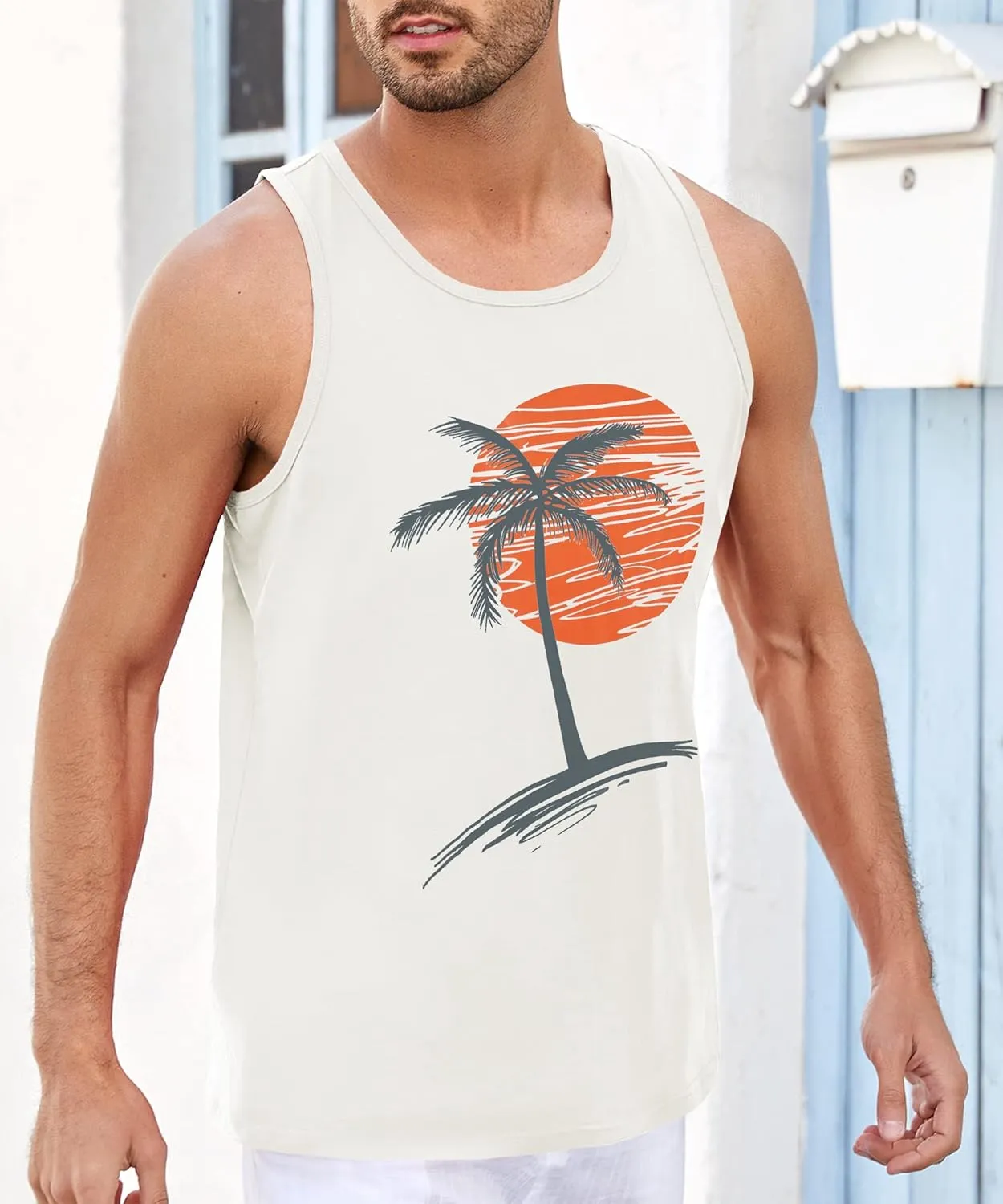 Runcati Mens Workout Tank Tops Gym Sleeveless Shirts Palm Tree Vintage Style T-Shirt