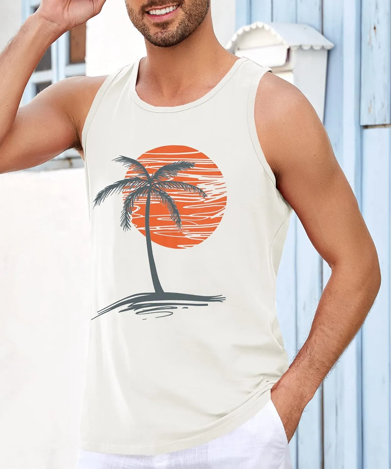 Runcati Mens Workout Tank Tops Gym Sleeveless Shirts Palm Tree Vintage Style T-Shirt