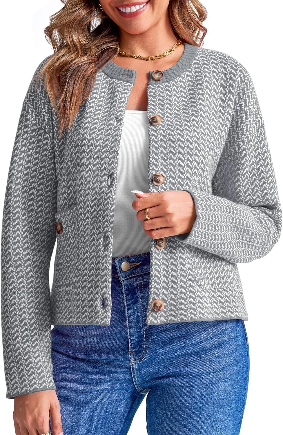 Saodimallsu Womens Cropped Knit Cardigans Fall Crewneck Button Long Sleeve Open Front Soft Sweater Jackets