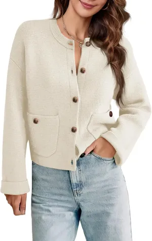 Saodimallsu Womens Cropped Knit Cardigans Fall Crewneck Button Long Sleeve Open Front Soft Sweater Jackets