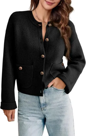 Saodimallsu Womens Cropped Knit Cardigans Fall Crewneck Button Long Sleeve Open Front Soft Sweater Jackets