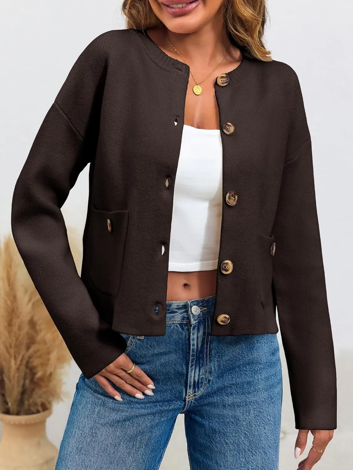 Saodimallsu Womens Cropped Knit Cardigans Fall Crewneck Button Long Sleeve Open Front Soft Sweater Jackets