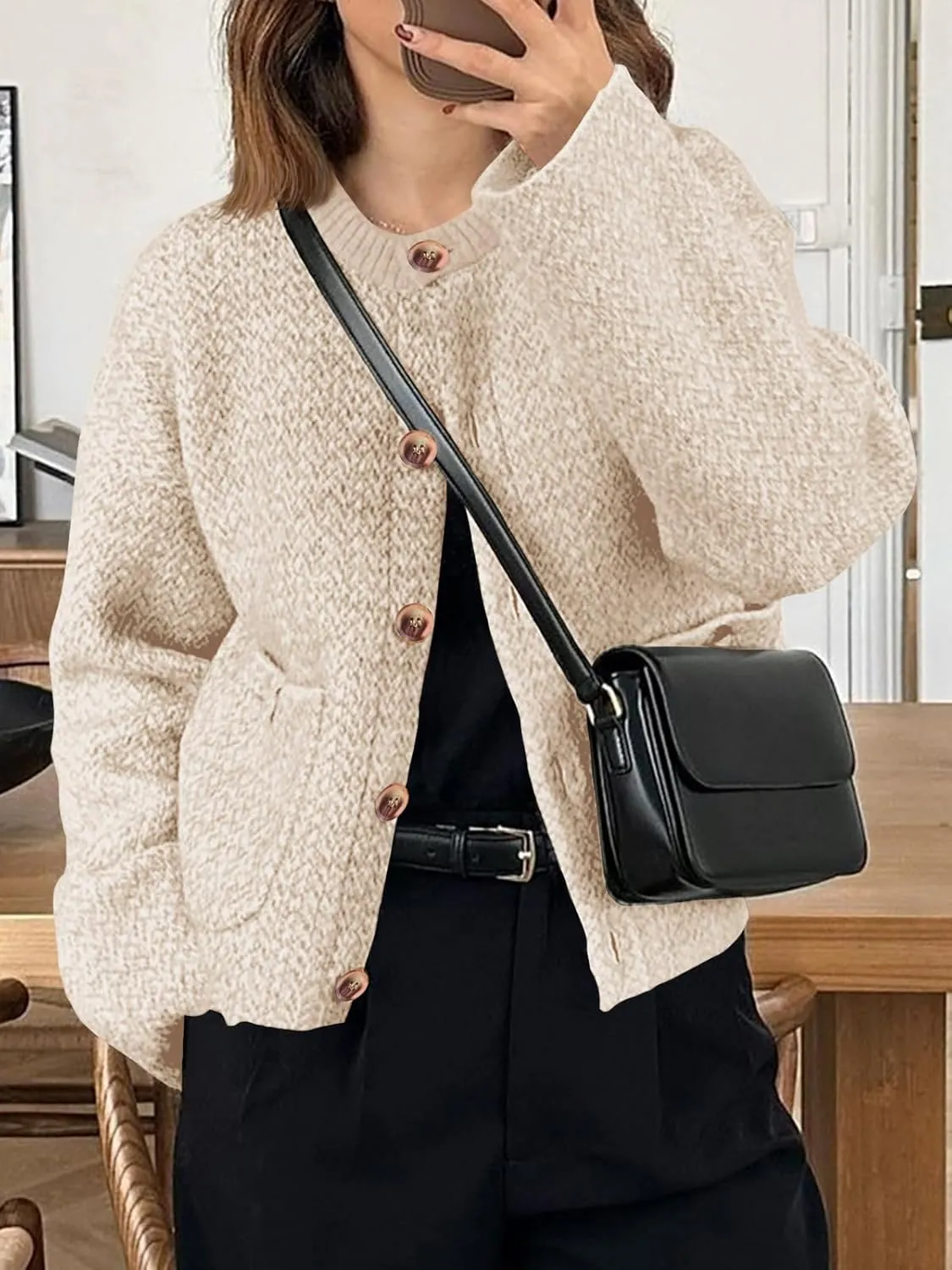 Saodimallsu Womens Cropped Knit Cardigans Fall Crewneck Button Long Sleeve Open Front Soft Sweater Jackets