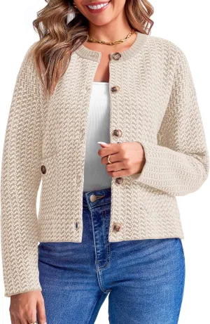 Saodimallsu Womens Cropped Knit Cardigans Fall Crewneck Button Long Sleeve Open Front Soft Sweater Jackets