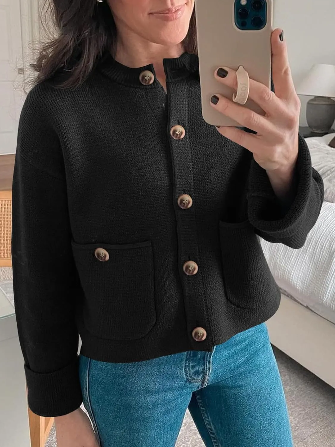Saodimallsu Womens Cropped Knit Cardigans Fall Crewneck Button Long Sleeve Open Front Soft Sweater Jackets
