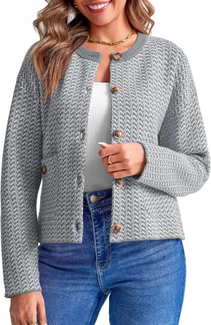 Saodimallsu Womens Cropped Knit Cardigans Fall Crewneck Button Long Sleeve Open Front Soft Sweater Jackets