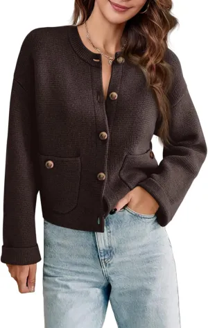 Saodimallsu Womens Cropped Knit Cardigans Fall Crewneck Button Long Sleeve Open Front Soft Sweater Jackets