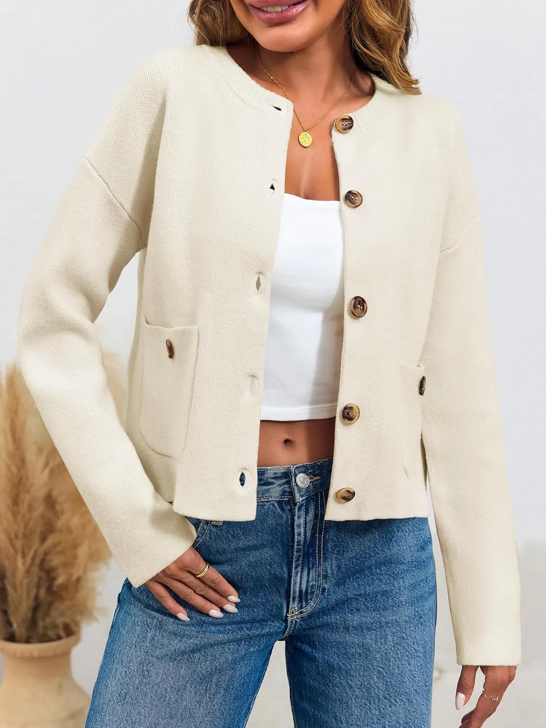 Saodimallsu Womens Cropped Knit Cardigans Fall Crewneck Button Long Sleeve Open Front Soft Sweater Jackets