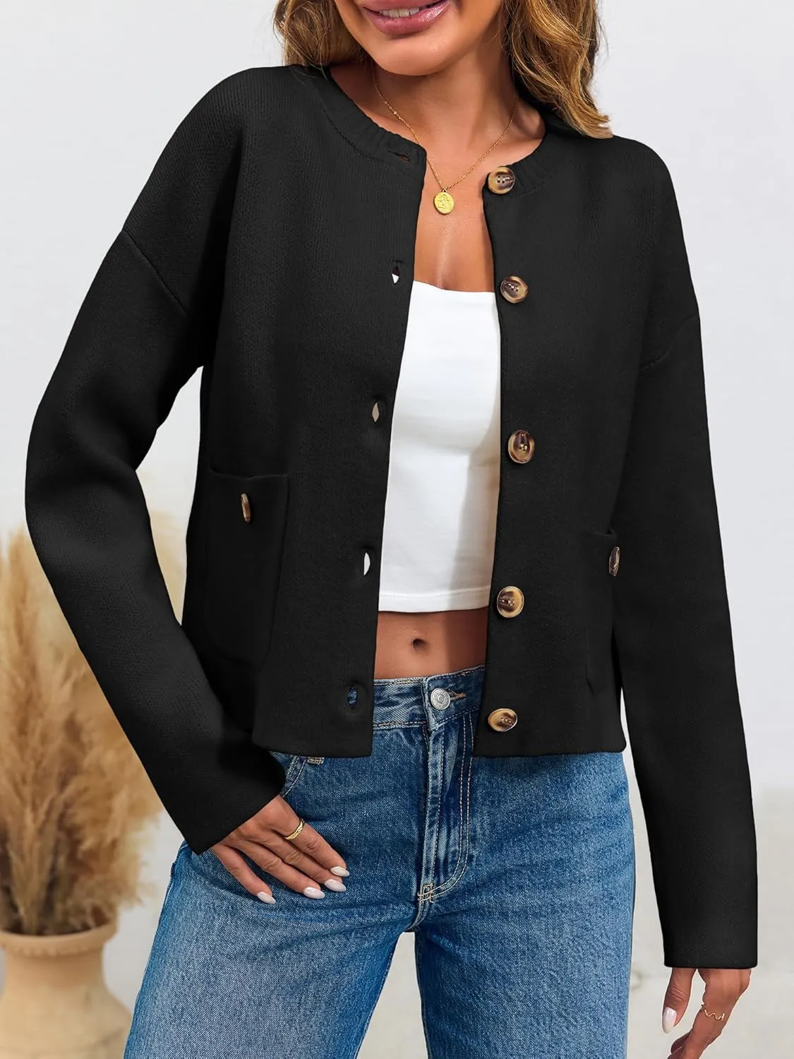 Saodimallsu Womens Cropped Knit Cardigans Fall Crewneck Button Long Sleeve Open Front Soft Sweater Jackets
