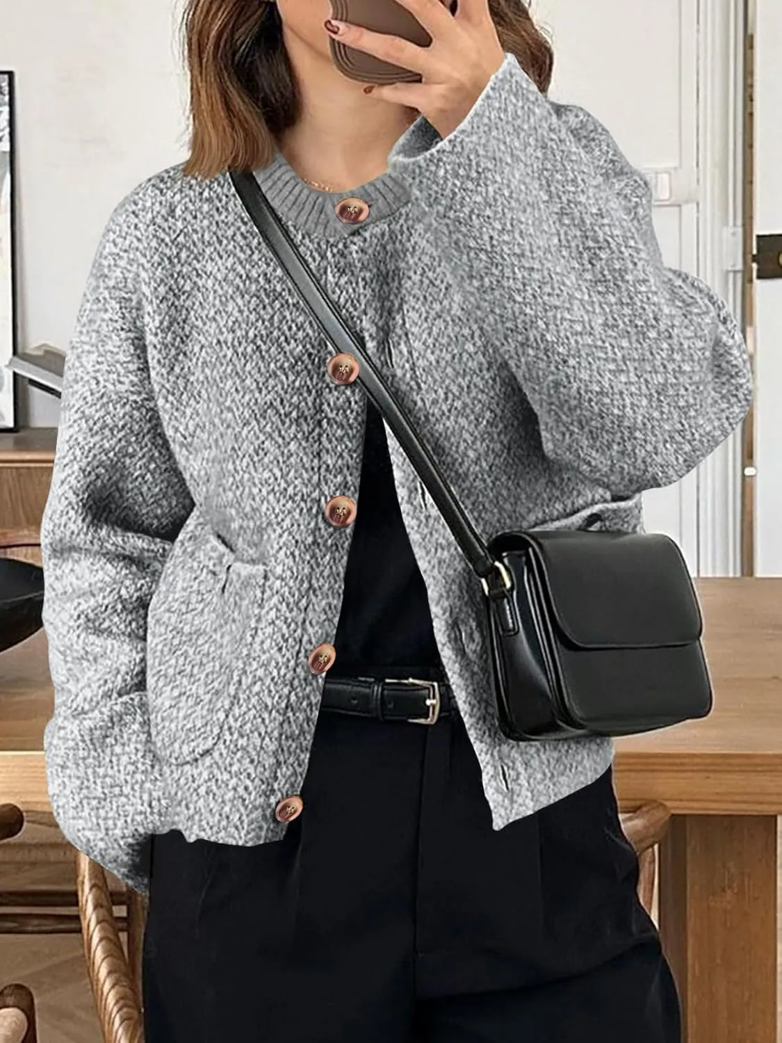 Saodimallsu Womens Cropped Knit Cardigans Fall Crewneck Button Long Sleeve Open Front Soft Sweater Jackets